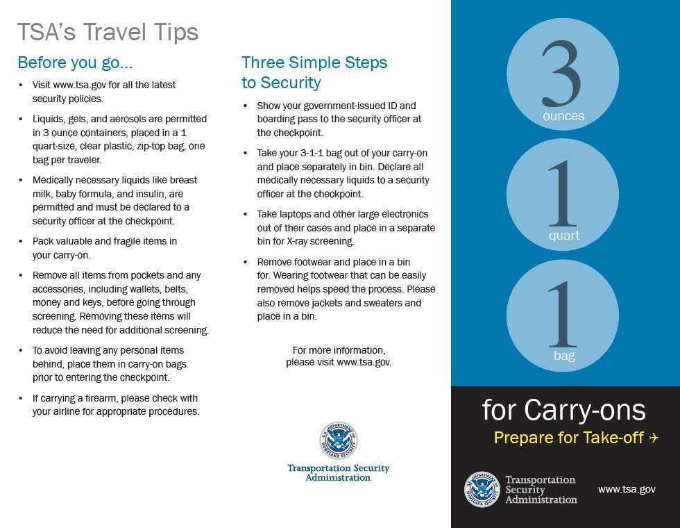 black text of TSA travel tips pamphlet