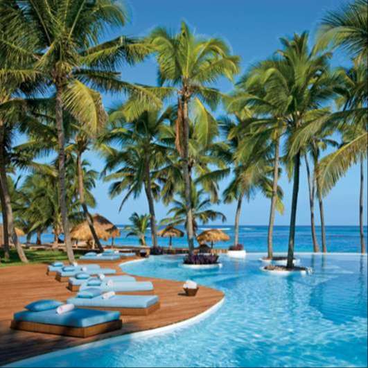 shallow blue water resort infinity pool with brown wood deck and green tall palm trees